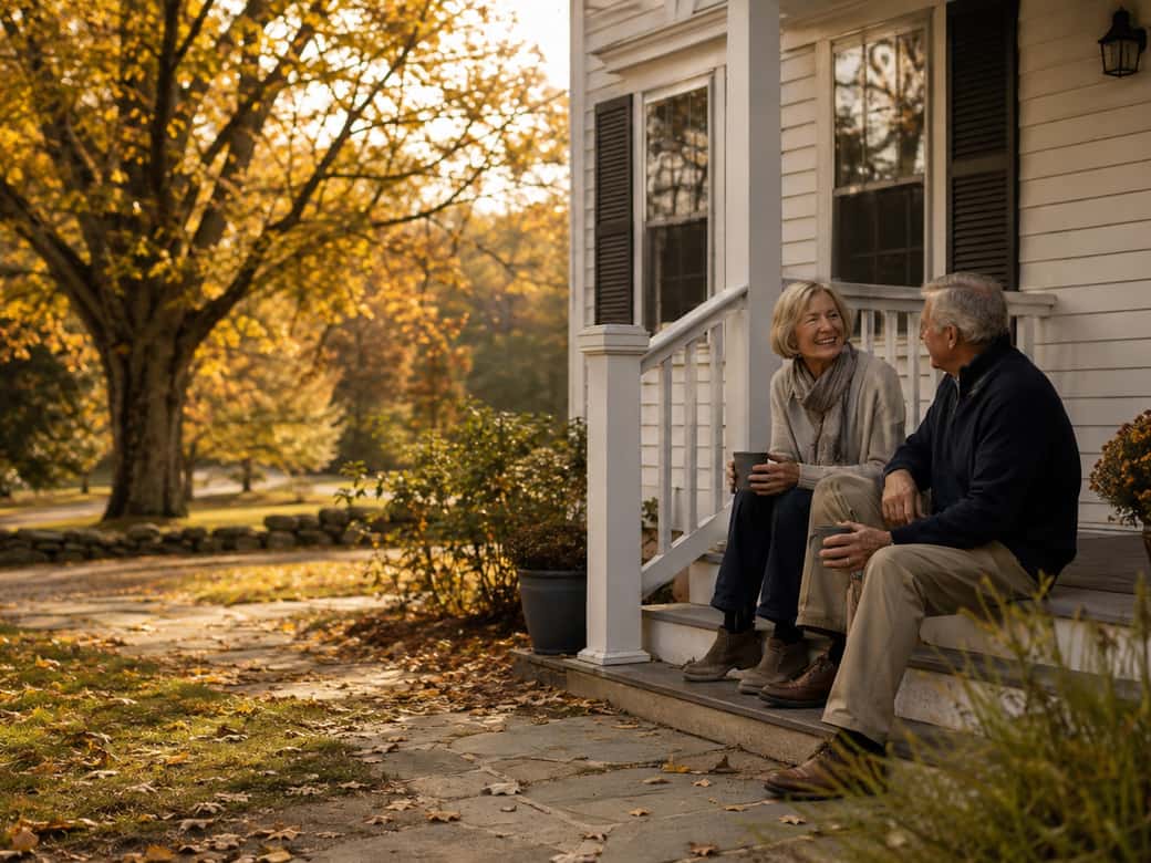 A couple in their late 60s, relaxed and smiling