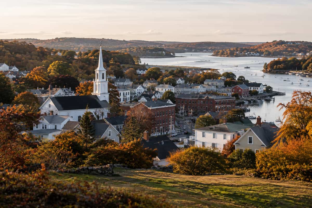An autumn view of a New England coastal town
